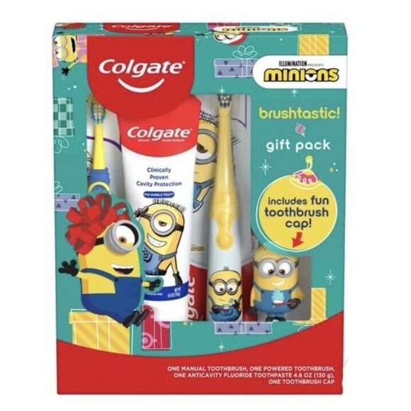 Colgate Kids Minions 2 Toothbrushes Gift Set Manual and Battery Powered Cap New - Picture 1 of 8